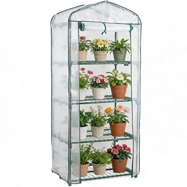 Plastic film greenhouse 49x69x160 cm with 4 levels, stable propagation house with 120gsm PE mesh film, roll-up door, steel frame & plug-in system for balcony and garden