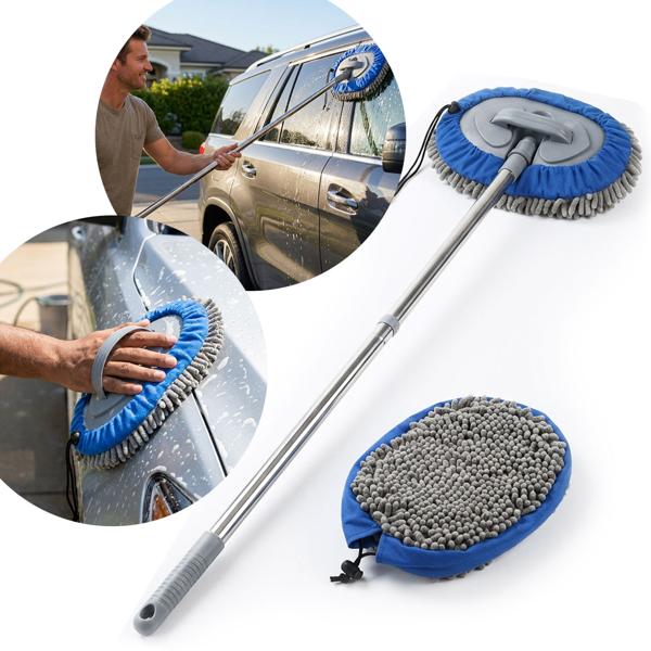 Multi‑function car mop with 160 cm telescopic pole, 180‑degree joint & 2 chenille microfibre attachments for cars, trucks, motorhomes & caravans