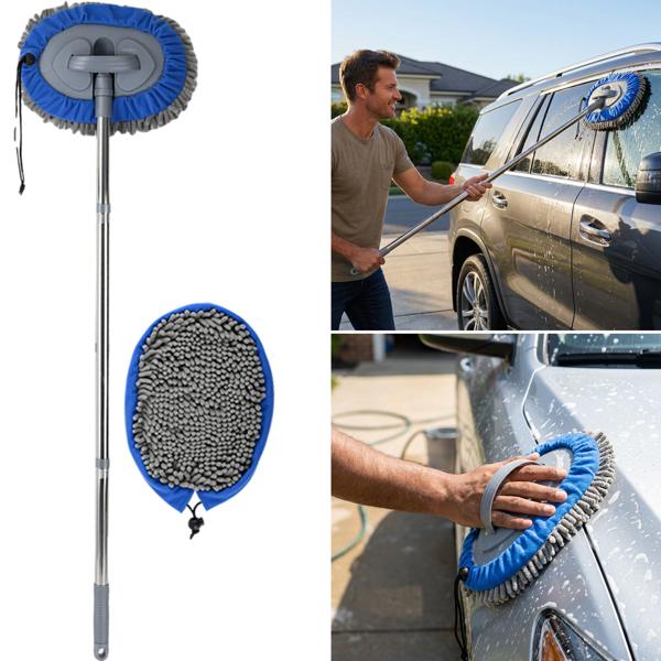 Multi‑function car mop with 160 cm telescopic pole, 180‑degree joint & 2 chenille microfibre attachments for cars, trucks, motorhomes & caravans
