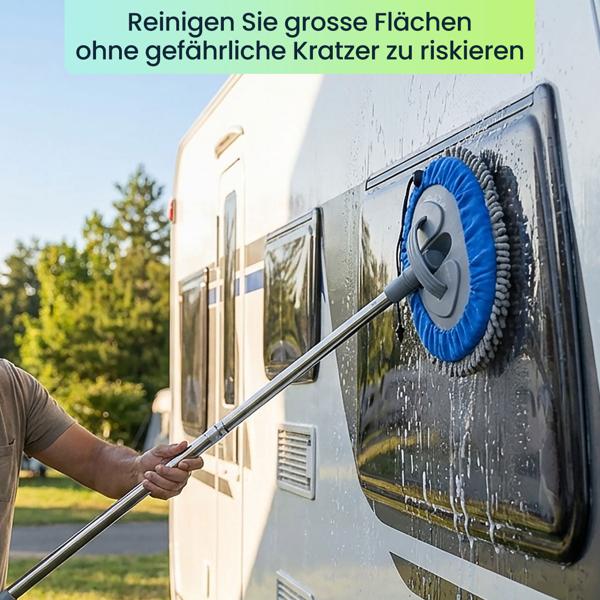 Multifunktions-KFZ Wischmopp mit 160cm Teleskopstange, 180 Grad Gelenk & 2 Chenille Mikrofaser Aufsätzen für PKW, LKW, Wohnmobil & Wohnwagen