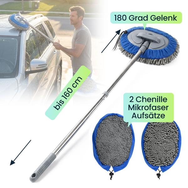 Multifunktions-KFZ Wischmopp mit 160cm Teleskopstange, 180 Grad Gelenk & 2 Chenille Mikrofaser Aufsätzen für PKW, LKW, Wohnmobil & Wohnwagen