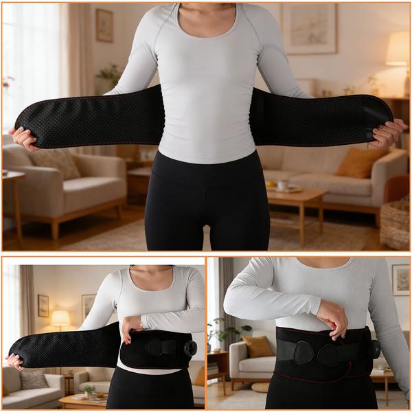 Cintura lombare riscaldante con massaggio, fascia termica a batteria per la zona lombare, 5 livelli, 152 cm, senza fili, rilassante e benefica, USB-C