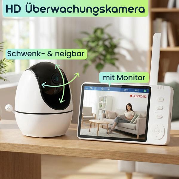 HD Überwachungskamera mit Monitor, schwenk- & neigbar: SOS Funk-Notrufsender, Gegensprechfunktion, Nachtsicht - ideal für Senioren