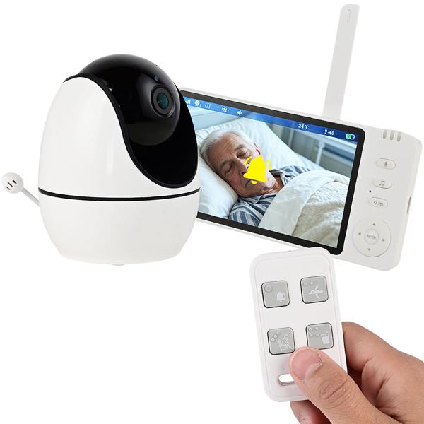 HD surveillance camera with monitor, pan & tilt: SOS wireless emergency transmitter, two-way audio, night vision – ideal for seniors