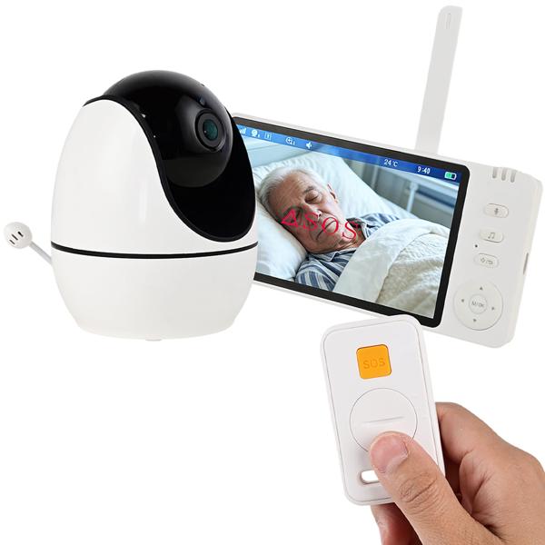 HD surveillance camera with monitor, pan & tilt: SOS wireless emergency transmitter, two-way audio, night vision – ideal for seniors