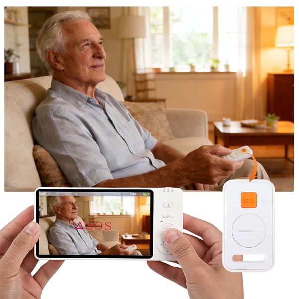 HD surveillance camera with monitor, pan & tilt: SOS wireless emergency transmitter, two-way audio, night vision – ideal for seniors