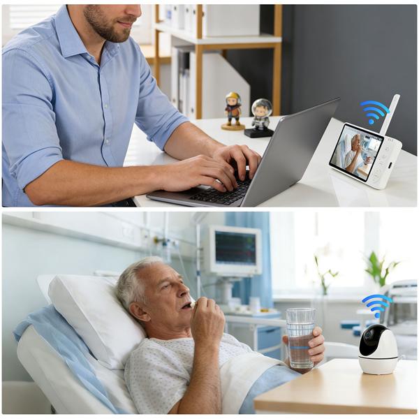 HD surveillance camera with monitor, pan & tilt: SOS wireless emergency transmitter, two-way audio, night vision – ideal for seniors