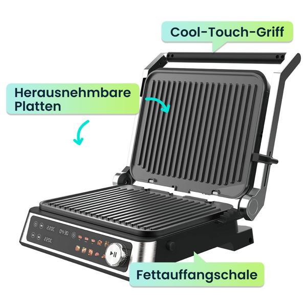 Vielseitiger Kontakt-Grill mit Farbdisplay & 2 Zonen: Leistungsstarker Elektrogrill für Steak, Sandwich, Fisch & Gemüse – Perfekter Tischgrill