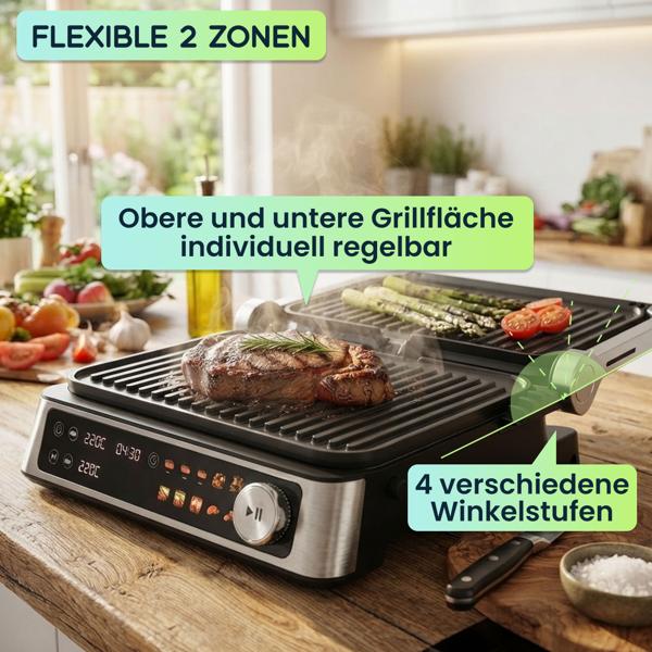 Vielseitiger Kontakt-Grill mit Farbdisplay & 2 Zonen: Leistungsstarker Elektrogrill für Steak, Sandwich, Fisch & Gemüse – Perfekter Tischgrill