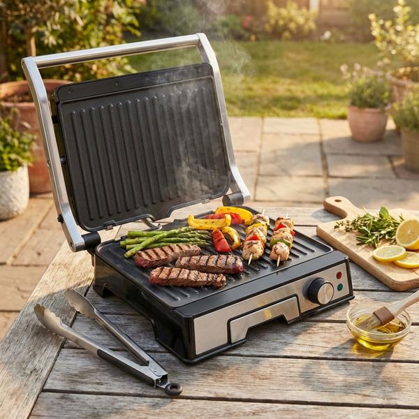 Grill a contatto potente da 2000 W con rivestimento antiaderente – ideale come pratico grill da tavolo per bistecche succose e sandwich