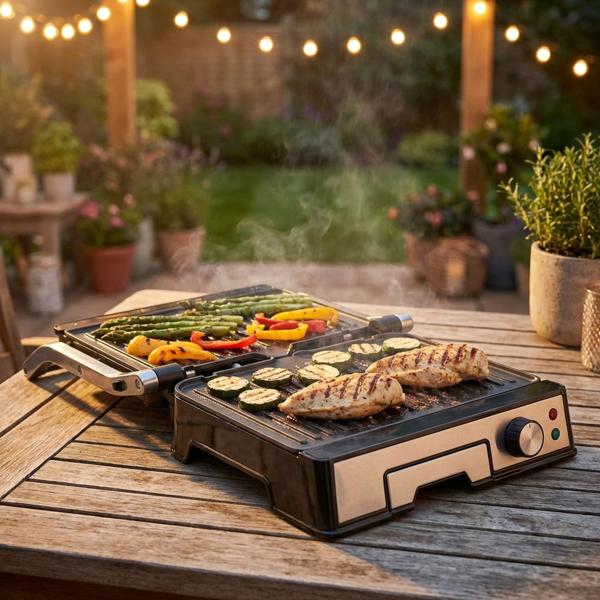 Grill a contatto potente da 2000 W con rivestimento antiaderente – ideale come pratico grill da tavolo per bistecche succose e sandwich