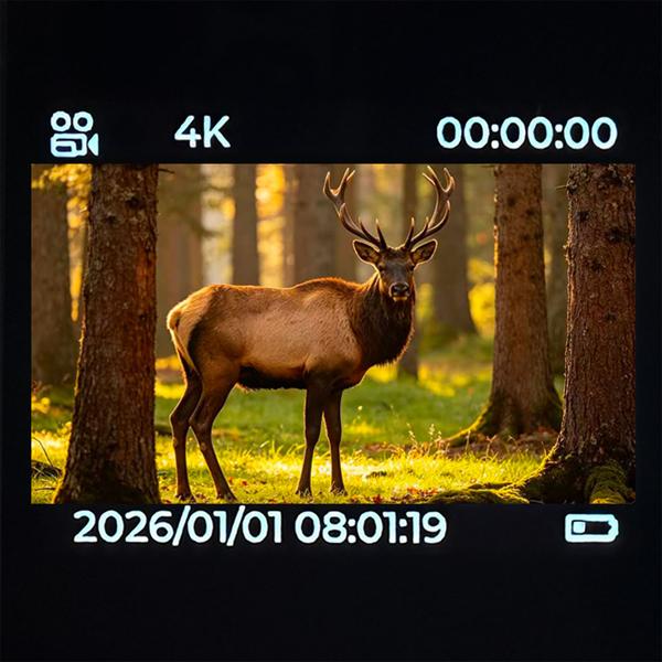 4K-UHD-Wildkamera mit 2 PIR Bewegungsmeldern, Smartphone Live Übertragung, Nachtsicht mit 42 IR LEDs, Farbmonitor, WLAN, Stand-by 8 Monate, IP65