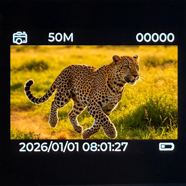 4K-UHD-Wildkamera mit 2 PIR Bewegungsmeldern, Smartphone Live Übertragung, Nachtsicht mit 42 IR LEDs, Farbmonitor, WLAN, Stand-by 8 Monate, IP65