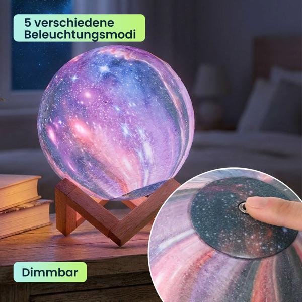 3D Galaxy Mond Lampe 15cm mit 16 Farben – Dimmbare LED Mondlampe inklusive Fernbedienung und Holzständer - Akku Nachtlicht & Deko