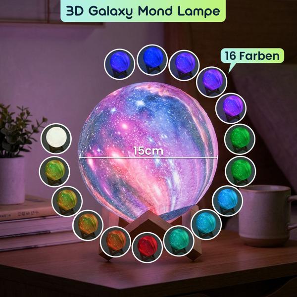 3D Galaxy Mond Lampe 15cm mit 16 Farben – Dimmbare LED Mondlampe inklusive Fernbedienung und Holzständer - Akku Nachtlicht & Deko