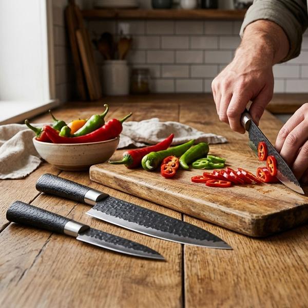 Set di coltelli da cucina professionali, 3 pezzi – Elegante design martellato nero con manico ergonomico e scatola di trasporto – massime prestazioni e tagli precisi