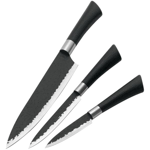 Set di coltelli da cucina professionali, 3 pezzi – Elegante design martellato nero con manico ergonomico e scatola di trasporto – massime prestazioni e tagli precisi