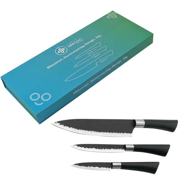 Set di coltelli da cucina professionali, 3 pezzi – Elegante design martellato nero con manico ergonomico e scatola di trasporto – massime prestazioni e tagli precisi