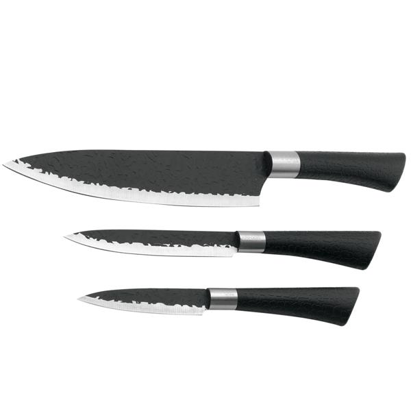 Set di coltelli da cucina professionali, 3 pezzi – Elegante design martellato nero con manico ergonomico e scatola di trasporto – massime prestazioni e tagli precisi