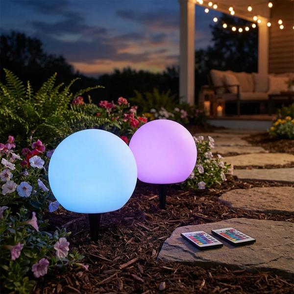 Solar-LED-Leuchtkugel-Set, Ø20 & Ø30 cm, RGBW mit Fernbedienung, 60 Lu, IP67. Farbwechsel-Lichtkugel für Garten & Terrasse, wetterfest & kabellos