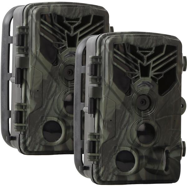 Set of 2 4K UHD wildlife cameras with 2 PIR motion sensors, smartphone live transmission, night vision with 42 IR LEDs, colour display, Wi‑Fi, 8‑month standby, IP65