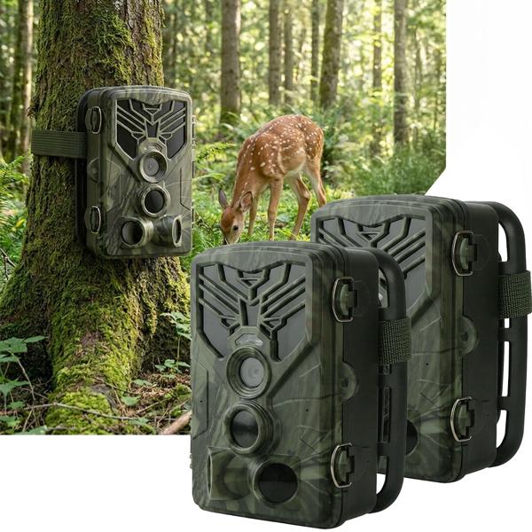 Set of 2 4K UHD wildlife cameras with 2 PIR motion sensors, smartphone live transmission, night vision with 42 IR LEDs, colour display, Wi‑Fi, 8‑month standby, IP65