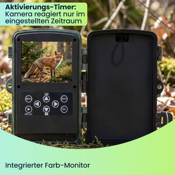 2er-Set 4K-UHD-Wildkamera mit 2 PIR Bewegungsmeldern, Smartphone Live Übertragung, Nachtsicht mit 42 IR LEDs, Farbmonitor, WLAN, Stand-by 8 Monate, IP65