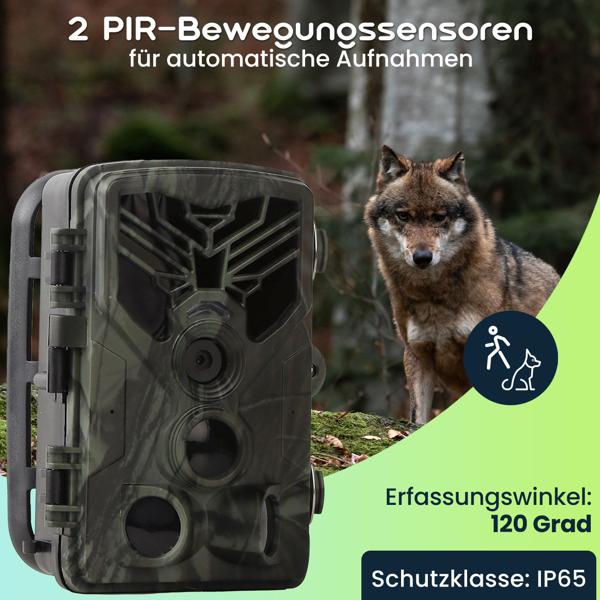 2er-Set 4K-UHD-Wildkamera mit 2 PIR Bewegungsmeldern, Smartphone Live Übertragung, Nachtsicht mit 42 IR LEDs, Farbmonitor, WLAN, Stand-by 8 Monate, IP65