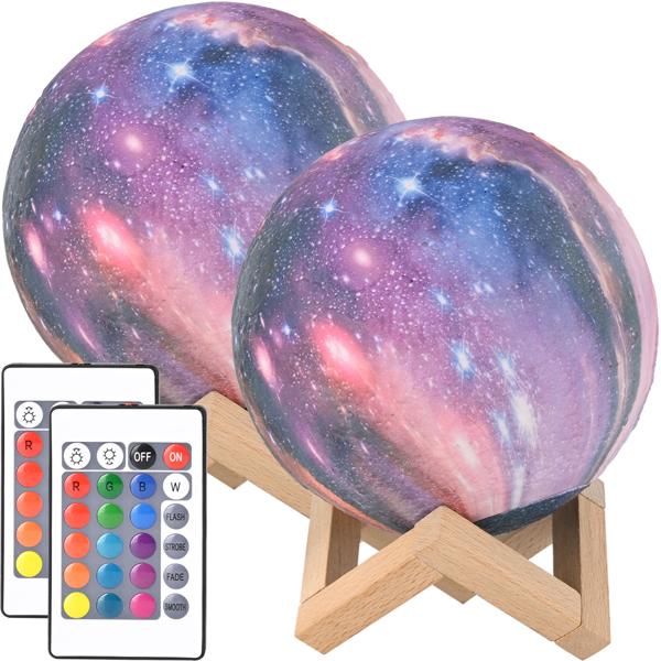 Set of 2 3D Galaxy Moon Lamps 15 cm with 16 colors – Dimmable LED moon lamp including remote control and wooden stand - rechargeable night light & decor