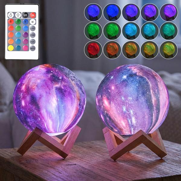 Set of 2 3D Galaxy Moon Lamps 15 cm with 16 colors – Dimmable LED moon lamp including remote control and wooden stand - rechargeable night light & decor