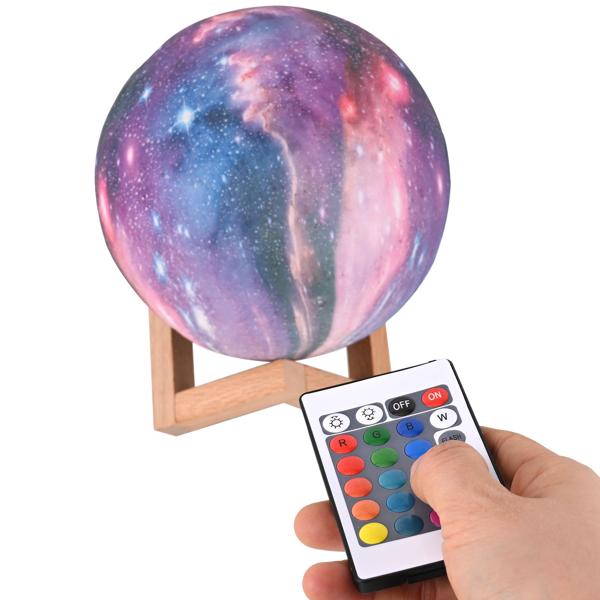 Set of 2 3D Galaxy Moon Lamps 15 cm with 16 colors – Dimmable LED moon lamp including remote control and wooden stand - rechargeable night light & decor