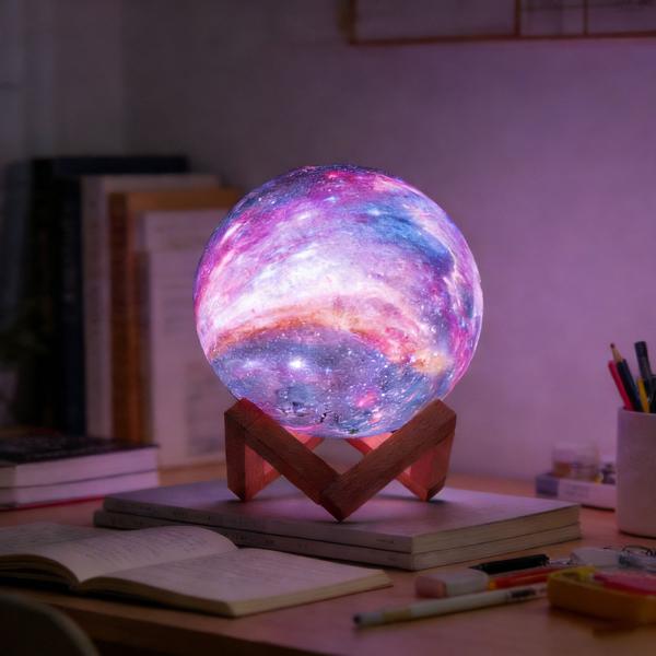 Set of 2 3D Galaxy Moon Lamps 15 cm with 16 colors – Dimmable LED moon lamp including remote control and wooden stand - rechargeable night light & decor