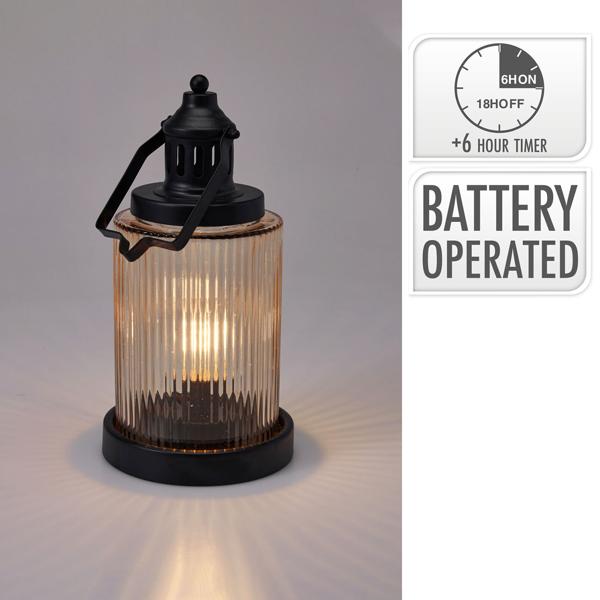 Stilvolle LED Laterne Glas Amber 14,5x27,5 cm, Schwarz, Metall – Edle Retro Dekoleuchte mit Timer für gemütliches Balkon & Garten Deko