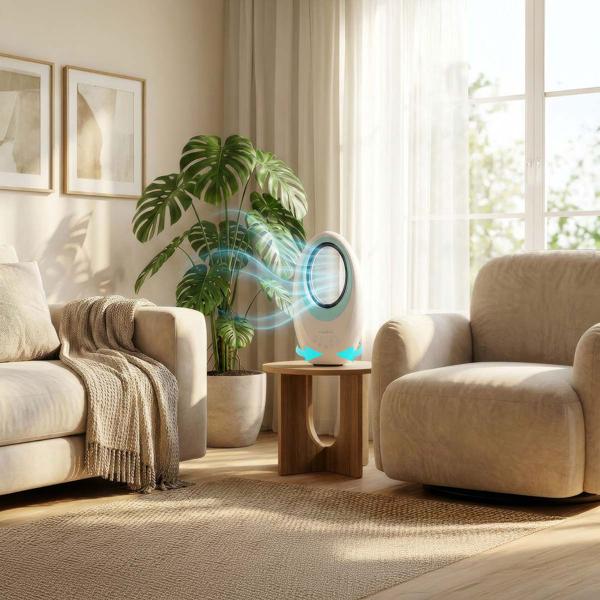 Ventilateur de table sans pales blanc – ventilateur colonne sûr avec oscillation 60°, lumière 4 couleurs, minuterie & télécommande, puissance 50 W