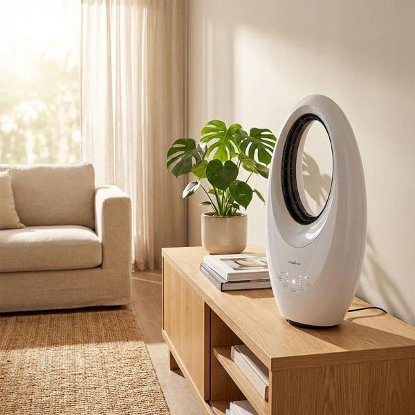 Ventilateur de table sans pales blanc – ventilateur colonne sûr avec oscillation 60°, lumière 4 couleurs, minuterie & télécommande, puissance 50 W