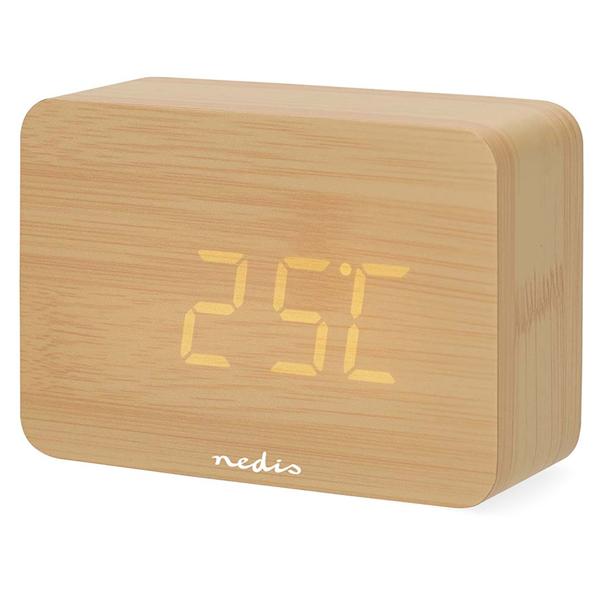 Réveil numérique élégant aspect bois : réveil de table compact avec affichage LED, thermomètre, USB et pile – idéal pour table de nuit, bureau et voyage