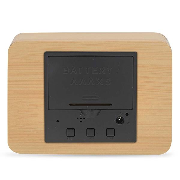 Réveil numérique élégant aspect bois : réveil de table compact avec affichage LED, thermomètre, USB et pile – idéal pour table de nuit, bureau et voyage