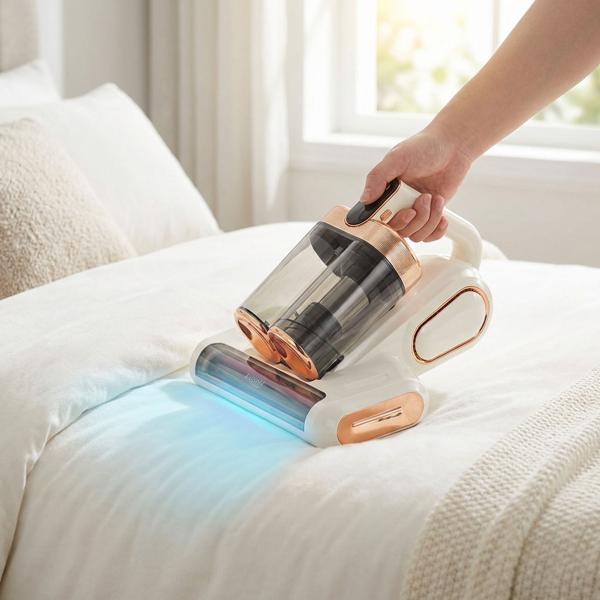 Aspirateur anti-acariens sans fil avec lumière UV-C et puissance d’aspiration 10 kPa, aspirateur à batterie contre les acariens pour matelas avec fonction de battage