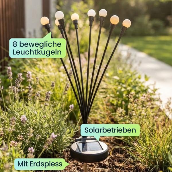 Solar Glühwürmchenlicht für Garten: 8 bewegliche Leuchtkugeln mit 2 Modi, Erdspiess für stimmungsvolle Gartenbeleuchtung, 65 cm Höhe, wetterfest & dekorativ