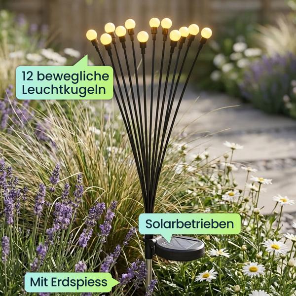 Solar Glühwürmchenlicht für Garten: 12 bewegliche Leuchtkugeln mit 2 Modi, Erdspiess für stimmungsvolle Gartenbeleuchtung, 65 cm Höhe, wetterfest & dekorativ
