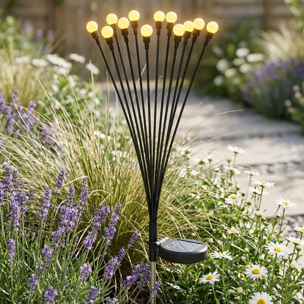 Solar firefly light for the garden: 12 movable light globes with 2 modes, ground spike for atmospheric garden lighting, 65 cm height, weather‑resistant & decorative
