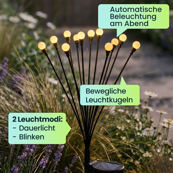 Solar Glühwürmchenlicht für Garten: 12 bewegliche Leuchtkugeln mit 2 Modi, Erdspiess für stimmungsvolle Gartenbeleuchtung, 65 cm Höhe, wetterfest & dekorativ