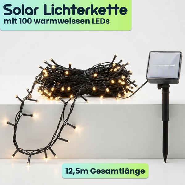 Solar Lichterkette mit 100 warmweissen LEDs für den Aussenbereich: 12,5m Gesamtlänge, automatischer Dämmerungssensor, ideal für Garten, Balkon & Terrasse