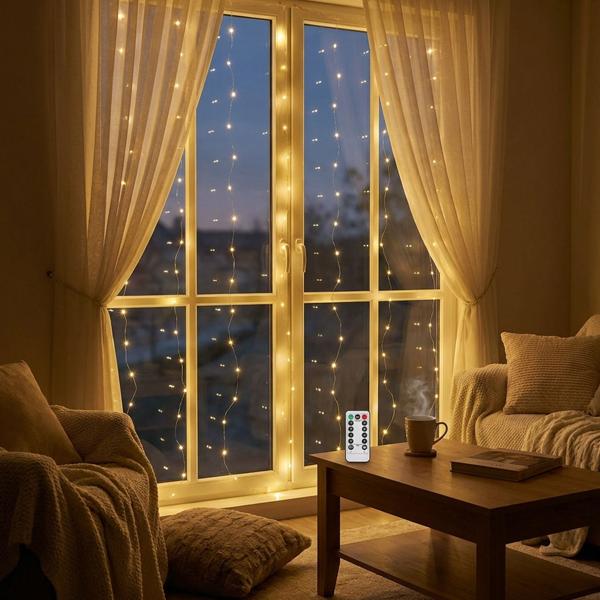 Lot de 2 élégants rideaux lumineux LED 3 x 3 m, 300 LED blanc chaud chacun : télécommande, 8 modes, intensité réglable, minuteur & USB, pour fêtes, mariages & déco d’intérieur