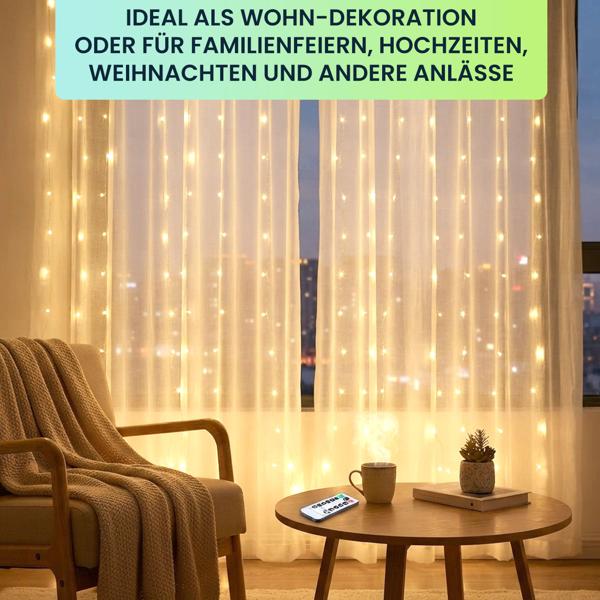 Eleganter LED-Lichtervorhang 3x3m, 300 warmweisse LEDs: Fernbedienung, 8 Modi, Dimmbar, Timer & USB-Anschluss, ideal für Party, Hochzeit & Wohndeko