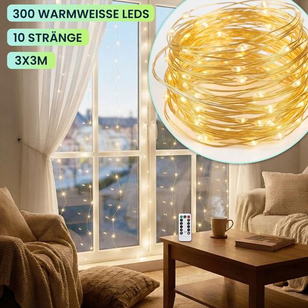 Eleganter LED-Lichtervorhang 3x3m, 300 warmweisse LEDs: Fernbedienung, 8 Modi, Dimmbar, Timer & USB-Anschluss, ideal für Party, Hochzeit & Wohndeko