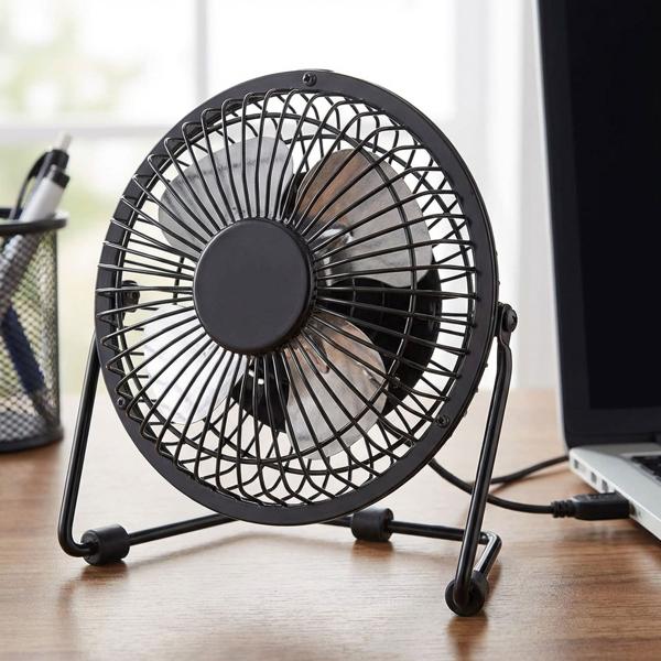 Ventilateur de table USB compact en métal noir, mini ventilateur pour bureau et ordinateur portable, orientable à 360°, robuste et efficace, 3 W, USB-A