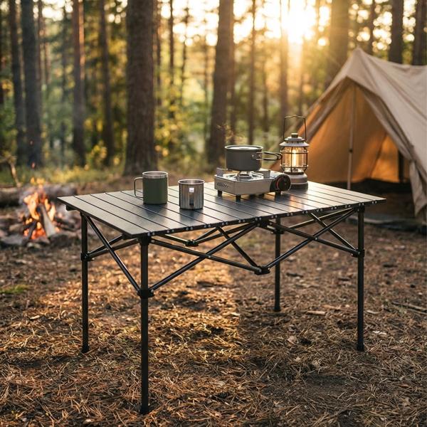 Tavolo da campeggio regolabile in altezza con piano arrotolabile in metallo, tavolo pieghevole da esterno per picnic e campeggio, incl. borsa per il trasporto, 95,5 x 55,5 x 49,5/80 cm