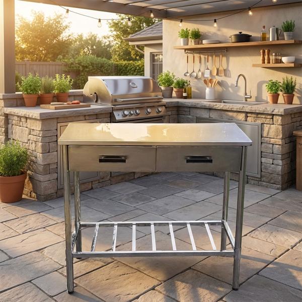 Edelstahl Arbeitstisch für die Outdoorküche - Stabiler Grilltisch mit 2 Schubladen, ideal zur Vorbereitung Ihrer Grillgerichte und als Serviertisch