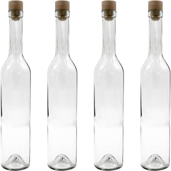 Set of 4 glass bottles 500 ml with cork stopper – transparent glass liqueur bottles for filling & storage, reusable